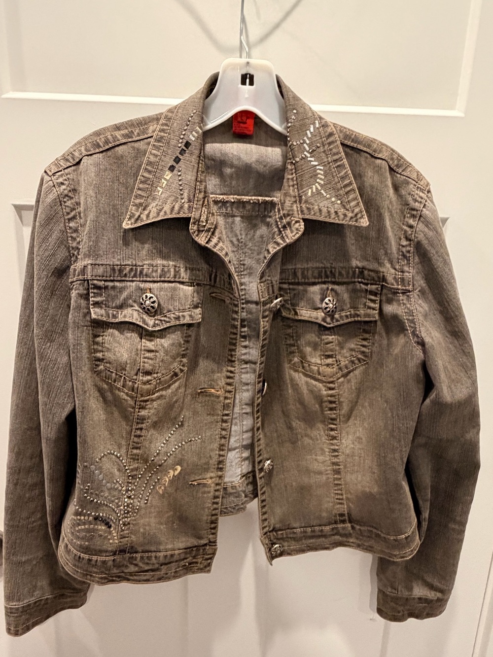 Very Vera L Embellished Rhinestone Stretch Denim Jacket Y2K Western